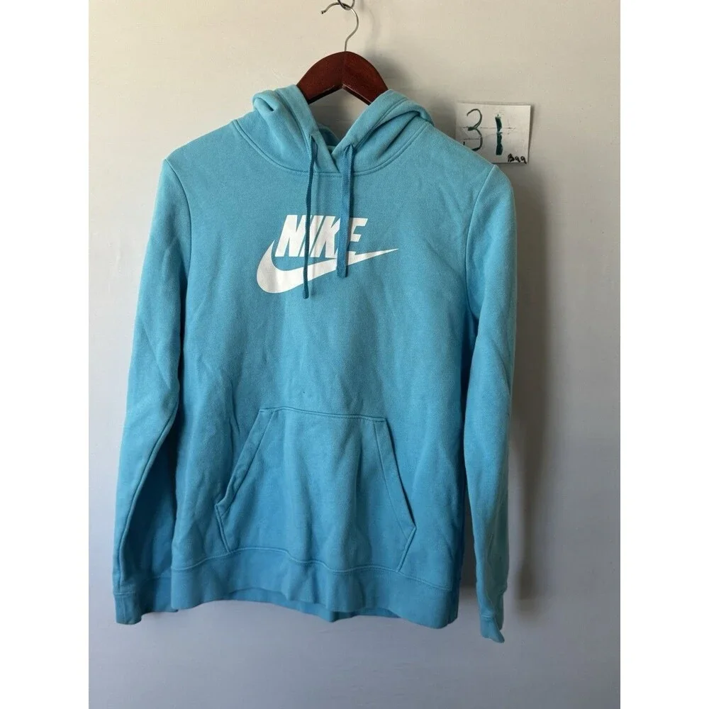 Nike Sportswear Hoodie Mens M Aqua Blue White Swoosh Logo Pullover Sweatshirt